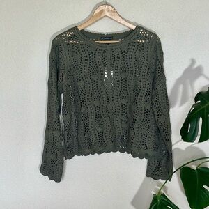 Adrianna Papell Open Crochet Sweater | Olivine | L